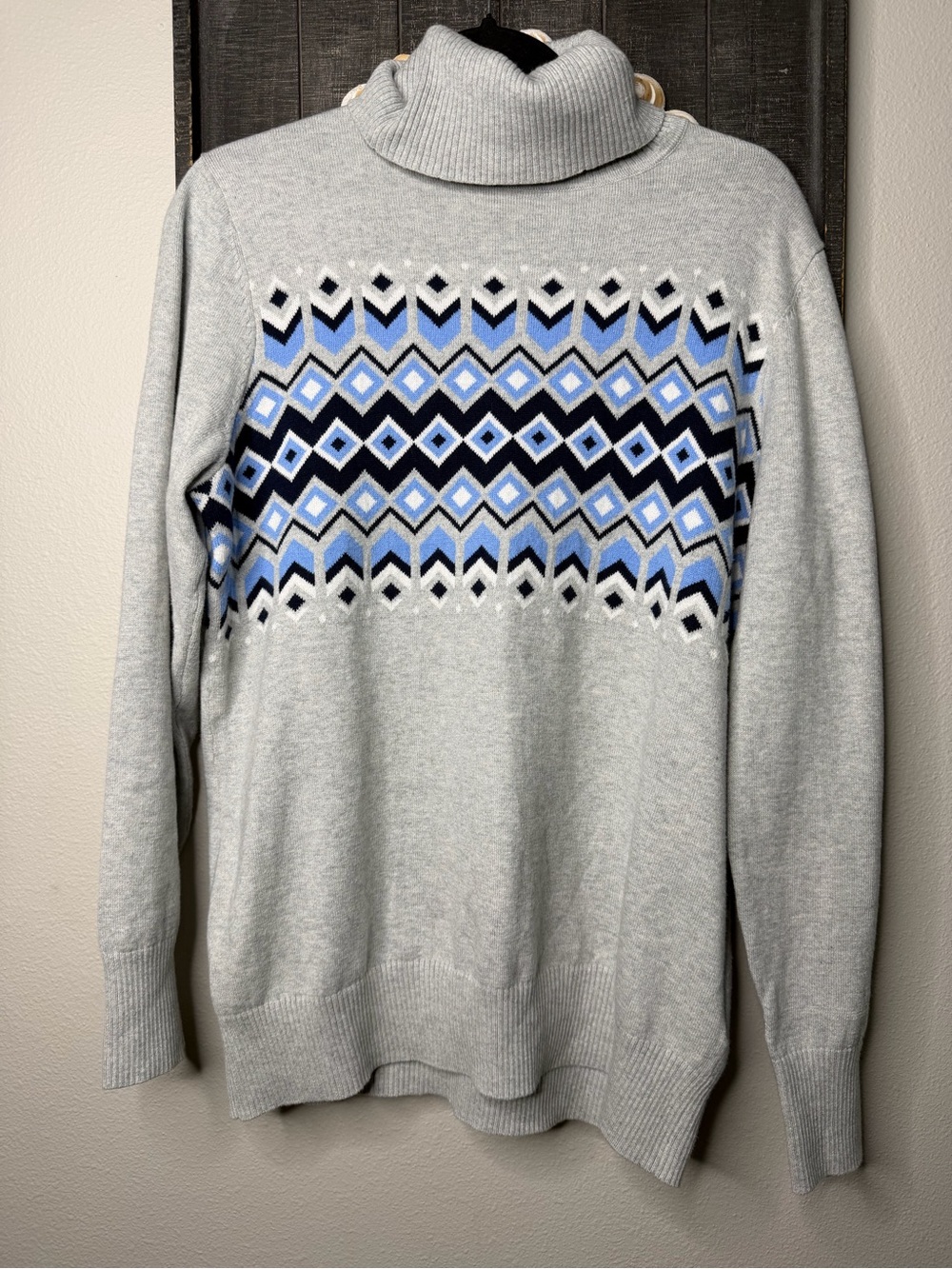 L.L. Bean Light Gray Turtleneck Sweater with Blue Geometric Yoke